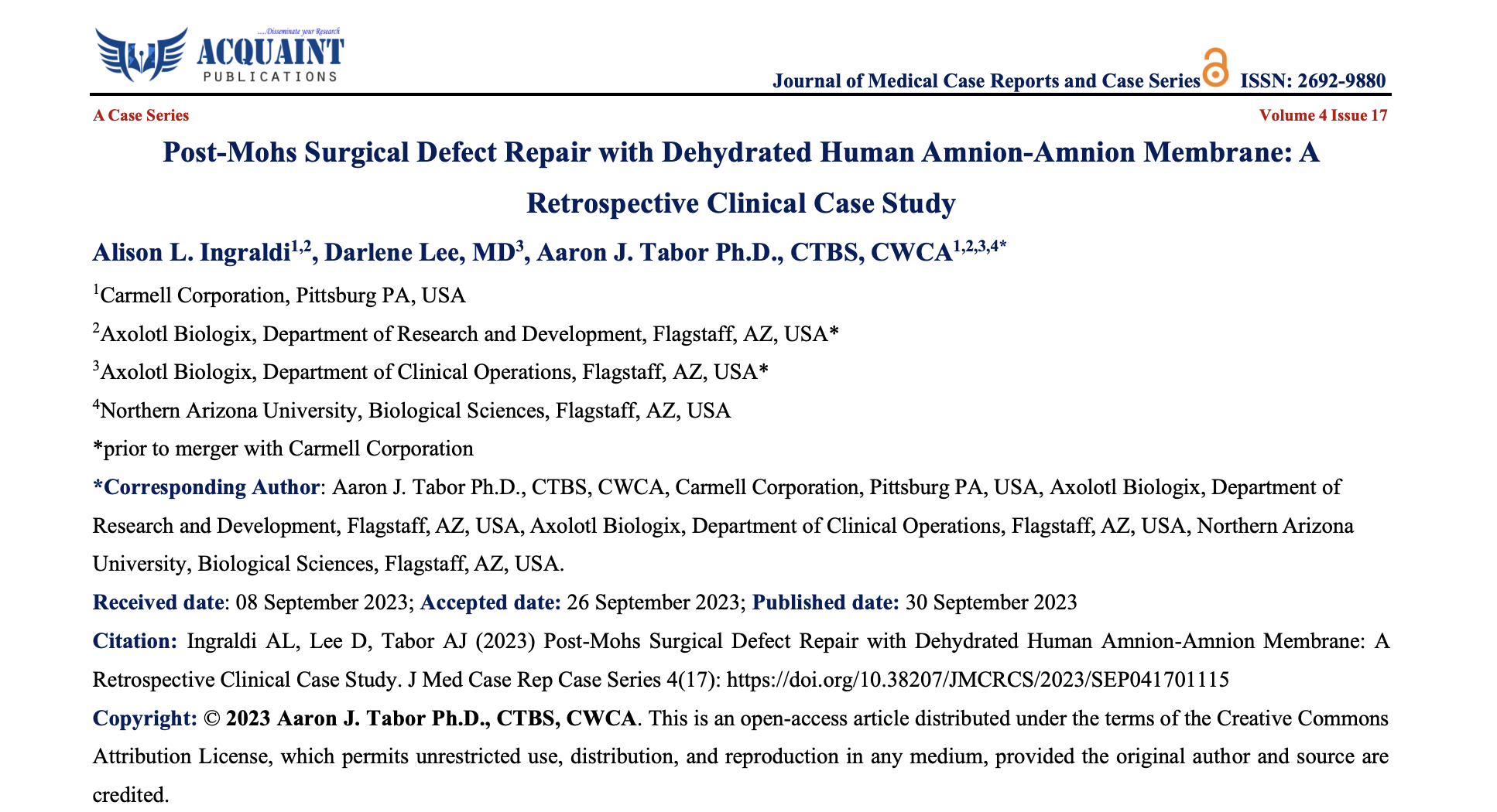 Post-Mohs Surgical Defect Repair with Dehydrated Human Amnion-Amnion Membrane